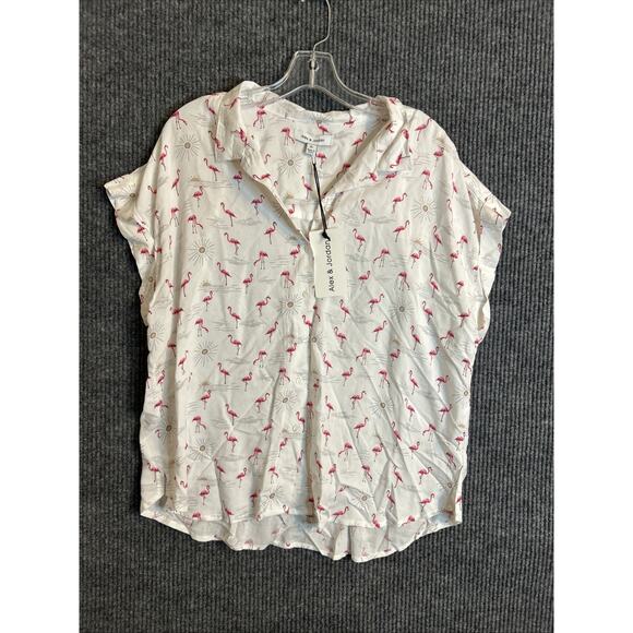 Alex & Jordan Womens Button Up Blouse Size XL Flamingo Sun Novelty Print Rayon - Picture 1 of 8